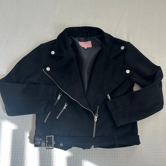 BCBG Girls Black Suede Finish Moto Jacket Belt Size M Age 8-10 - Picture 1 of 11